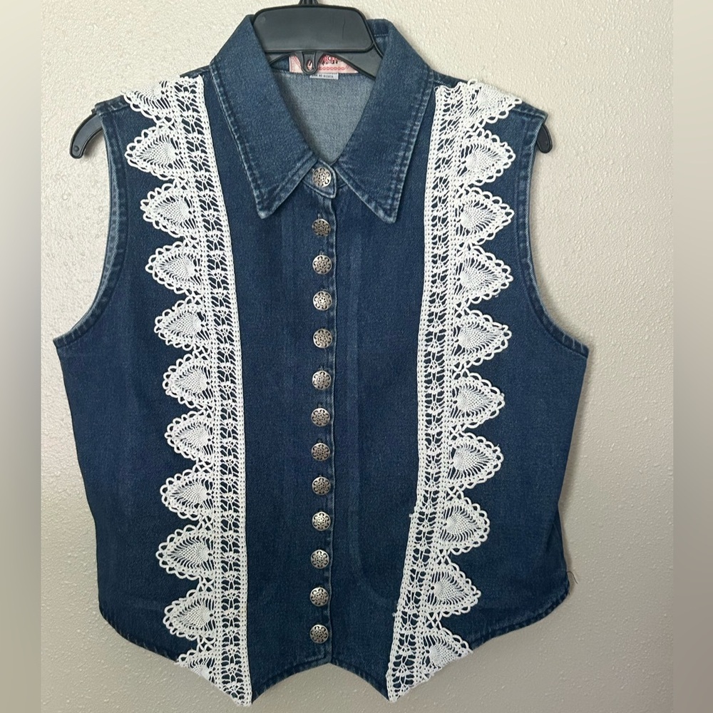 Apache Chic Denim Vest with Lace Trim - Medium